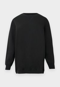 Μαύρη μακρυμάνικη μπλούζα crewneck με ραμμένα μανίκια και στρίφωμα, featuring μια μικρή ραμμένη λεπτομέρεια σε σχήμα "X" κοντά στον λαιμό.
