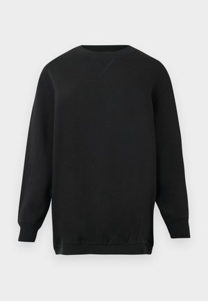 Must alusega crewneck sviiter, millel on pikad varrukad, soonikkoes mansetid ja ääred ning kaeluse lähedal väike tikitud "X" detail.