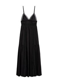 Robe maxi noire avec bretelles spaghetti, jupe plissée et détails de dentelle élaborés autour de l'encolure et de la taille. Texture de tissu lisse.