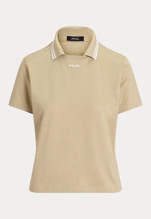 Μπέζ polo μπλουζάκι με κοντά μανίκια, λευκές ρίγες στο γιακά και λογότυπο "RLX" στο στήθος και στην εσωτερική ετικέτα.