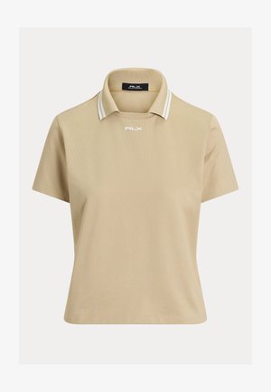 Polo beige à manches courtes avec des rayures blanches sur le col et le logo "RLX" sur la poitrine et l'étiquette intérieure.