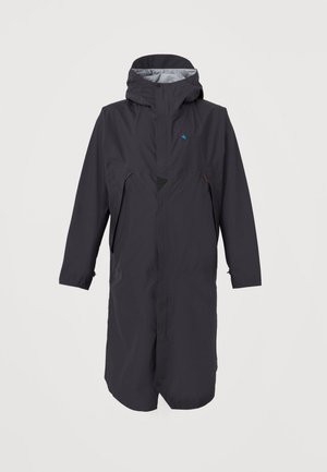 Lang mørkegrå vandtæt frakke med hætte, lukning hele vejen foran og lynlåspaneler til ventilation i siderne.