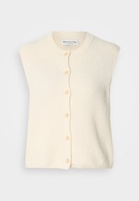 Πλεκτό γιλέκο σε κρεμ απόχρωση, με στρογγυλό γιακά, μπροστινό κλείσιμο με κουμπιά και ραμμένο σχέδιο. Ανεξάρτητο σχεδιασμό χωρίς μανίκια με μαλακό ύφασμα.