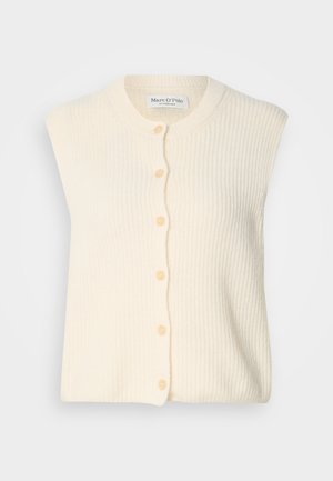 Sweter kamizelka dzianinowa w kolorze kremowym, z okrągłym kołnierzem, zapięciem na guziki z przodu oraz prążkowaną fakturą. Bez rękawów, wykonany z miękkiego materiału.