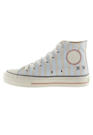 Sneaker alte a strisce blu e beige. Materiale in canvas con punta rotonda, chiusura con lacci e patch con logo sul lato esterno. Suola in gomma piatta.