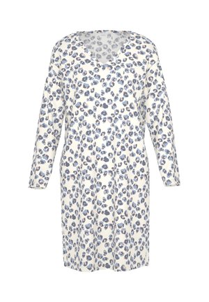 Jurk met lange mouwen van zachte stof, met een witte achtergrond en een blauw-roze dierenprint, een V-hals en een rechte pasvorm.