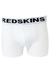 Boxer da uomo bianchi con una cintura elastica nera che presenta il testo "REDSKINS." Tessuto liscio senza pattern o texture visibili.