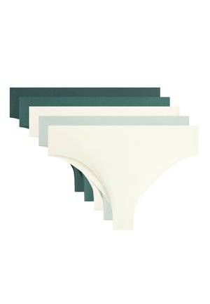 Zestaw pięciu damskich bezszwowych fig bikini w kolorach zielonym, białym i jasnoszarym ułożonych w rzędzie.