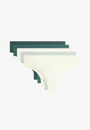 Set di cinque slip bikini senza cuciture da donna nei colori verde, bianco e grigio chiaro disposti in fila.