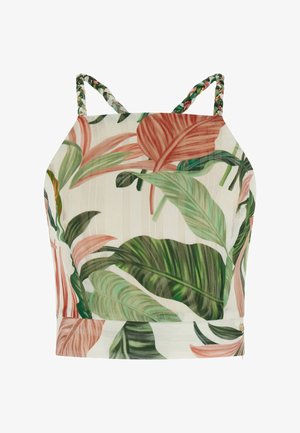 Crop top z plecionymi ramiączkami, ozdobiony tropikalnym wzorem liści w kolorach zielonym i koralowym na jasnym tle.