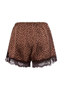 Leopard print shorts in brown with a lace trim at the hem. Elastic waistband, lightweight fabric, offering a relaxed fit.