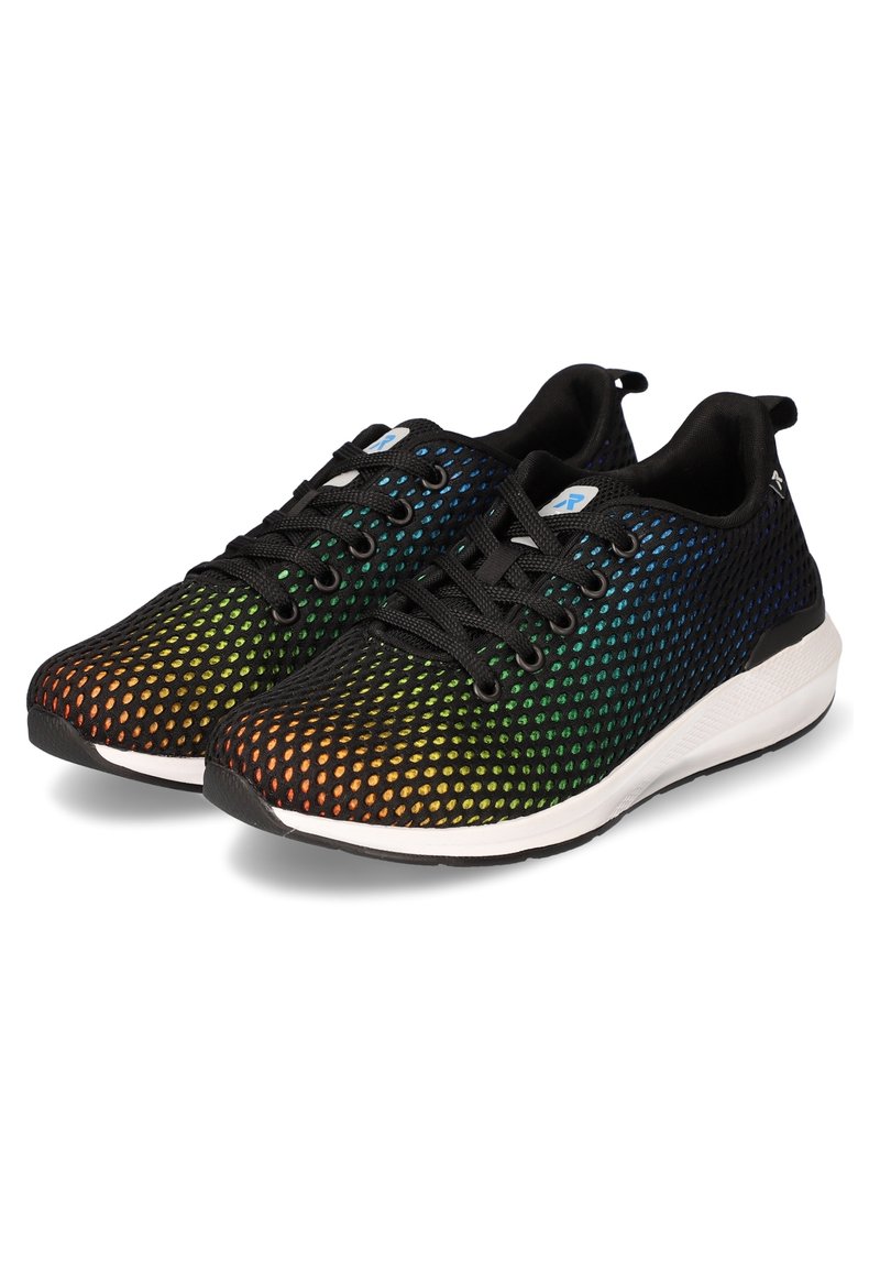 Black athletic shoes with a gradient mesh upper featuring orange, green, and blue color transitions. Black laces and white sole.