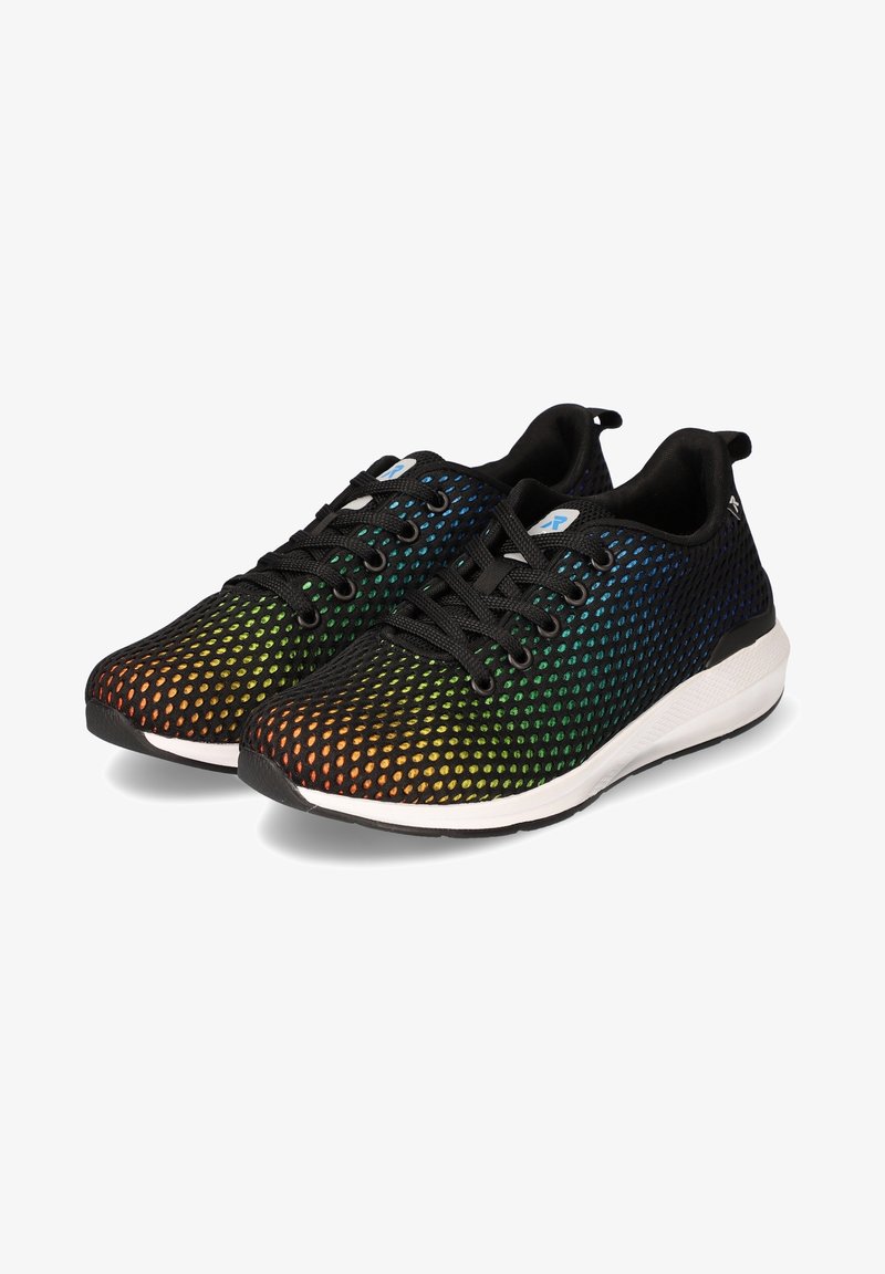 Black athletic shoes with a gradient mesh upper featuring orange, green, and blue color transitions. Black laces and white sole.
