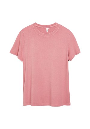 Schlichtes pinkfarbenes T-Shirt mit kurzen Ärmeln und Rundhalsausschnitt aus weichem Stoff mit kleinem Markenetikett am Halsausschnitt.
