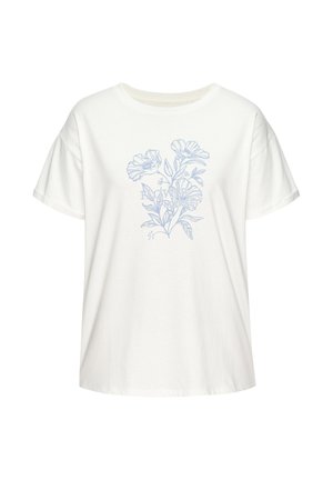 T-shirt bianca a maniche corte con illustrazione floreale azzurro chiaro e testo "Flower Market" al centro sul davanti.