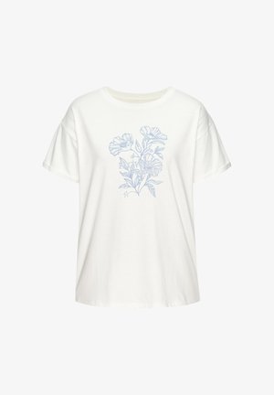 Biele tričko s krátkym rukávom s ilustráciou svetlomodrých kvetov a textom „Flower Market“ umiestneným v strede prednej časti.