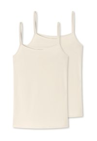 Dwa kremowe topy na ramiączkach z cienkimi, regulowanymi paskami. Wykonane z miękkiego, elastycznego materiału. Prosty design bez wzorów i dodatków.