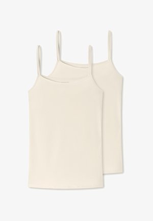 Due magliette senza maniche di colore crema con spalline sottili e regolabili. Realizzate in un tessuto morbido ed elastico. Design semplice, senza motivi né dettagli.