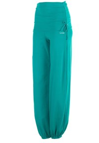 Turquoise wide-leg pants with a high, gathered waistband and adjustable drawstring. Made of soft, stretchable fabric with elastic cuffs.