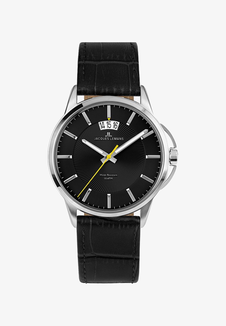 Orologio analogico nero con cassa in acciaio inossidabile, cinturino in pelle nera strutturata e dettagli gialli. Presenta la funzione data e resistenza all'acqua fino a 10 ATM.