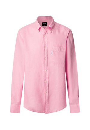Lange mouwen, button-down shirt in lichtroze linnen met een enkele borstzak, subtiele textuur en beige knopen. Klassiek kraagontwerp.