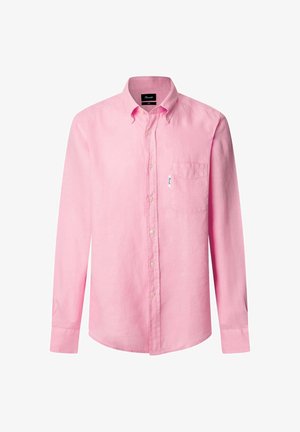 Chemise à manches longues, boutonnée, en lin rose clair avec une poche poitrine unique, une texture subtile et des boutons beiges. Design de col classique.