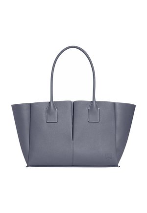 Gray leather tote bag with two long handles and minimal stitching, featuring a subtle embossed logo near the bottom right corner.