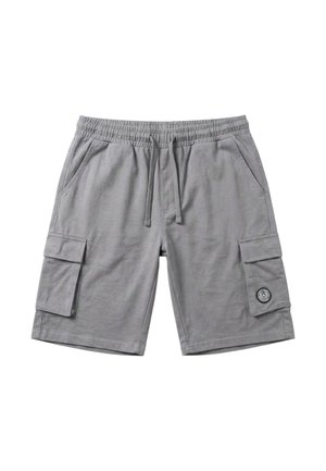 Shorts décontractés gris avec taille élastique, cordon de serrage, poches latérales et poches cargo avec rabat et écusson rond avec logo sur la jambe droite.