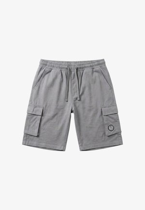 Shorts décontractés gris avec taille élastique, cordon de serrage, poches latérales et poches cargo avec rabat et écusson rond avec logo sur la jambe droite.