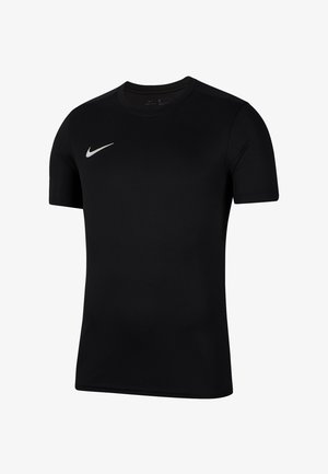 Black short-sleeve athletic shirt made of smooth, moisture-wicking fabric. Features a silver Nike logo on the chest. Classic crew neck design.