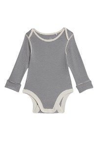 Bodysuit de bebé de manga larga a rayas en navy y crema, con un escote redondo y cierres de presión en la parte inferior para facilitar el vestirse.
