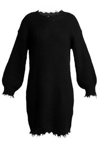 Vestito a maglione nero in knit con una vestibilità ampia, caratterizzato da maniche lunghe a sbuffo, una texture a coste e bordi sfrangiati sul colletto e sull'orlo.