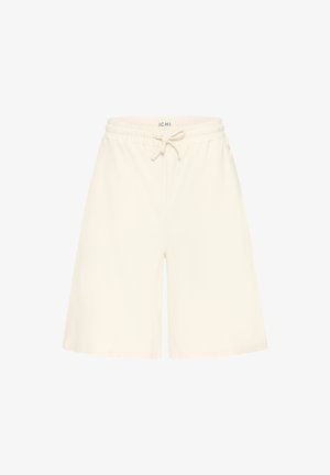 Kreemivärvilised põlveni ulatuvad lühikesed püksid elastse vöökohaga ja esikinnitusega nööriga, millel on küljetaskud ja lõdvestatud lõige.