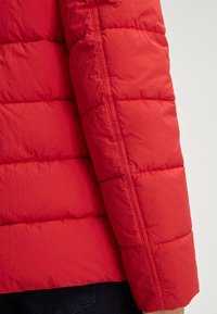 Manica di giacca a vento rossa con sezioni trapuntate, texture liscia e cuciture visibili. Presenta un design con polsino arrotondato.