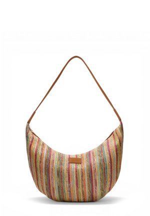 Bolso de hombro tejido de colores con cuerpo curvado, rayas verticales multicolores y una sola correa marrón, mostrado sobre un fondo blanco.