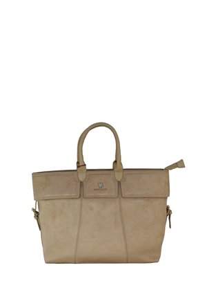 Beige leren handtas met twee handvatten, centraal merklogo, zijgespen en een bovenste ritslipje.