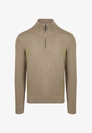 Beige gebreide trui met een halve ritssluiting, lange mouwen en een gladde textuur, voorzien van een aansluitende zoom en manchetten.