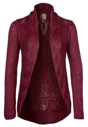 Długi sweter (cardigan) z otwartym przodem i długimi rękawami w ciemnoczerwonym kolorze, z wzorem warkoczy na przednich panelach i koronkowymi detalami z tyłu.