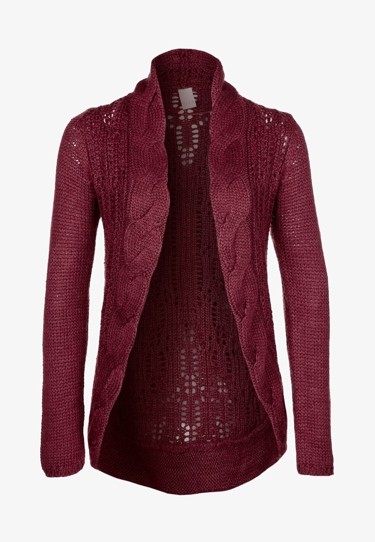 Cardigan en maille manches longues à ouverture devant couleur rouge foncé avec motif torsadé sur les panneaux avant et détail en maille ajourée dans le dos.