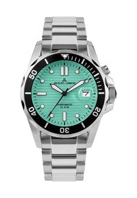 Montre en acier inoxydable argenté avec un cadran texturé turquoise, une lunette noire, des marqueurs luminescents et un guichet de date à 3 heures. Étanche jusqu'à 20 ATM.