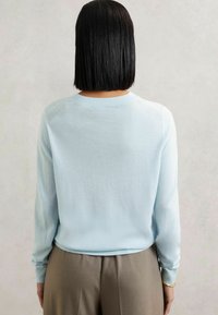 Hellblaues Sweater mit langen Ärmeln und rundem Halsausschnitt, mit glatter Textur und geripptem Saum, kombiniert mit beigen Hosen.