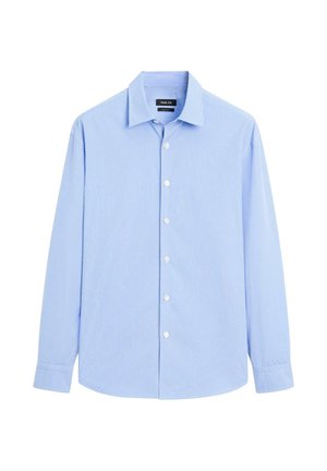 Light blue men's long-sleeve button-up shirt with fine white vertical stripes and a classic collar on a white background.