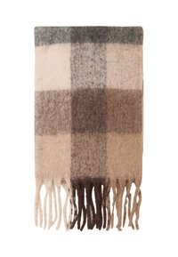 Coperta di lana in un motivo a quadri con tonalità di beige, marrone e grigio. I bordi presentano frange, creando una finitura testurizzata.