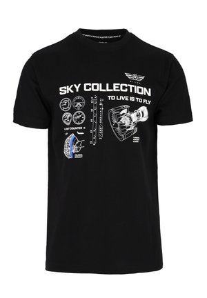 Black cotton T-shirt featuring white graphics of aircraft instruments and a turbine engine. Text includes "SKY COLLECTION" and "TO LIVE IS TO FLY."
