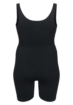 Bodysuit noir avec un col en rond, sans manches et couvrant jusqu'à mi-cuisse. Fabriqué en tissu lisse et extensible, offrant une silhouette ajustée.