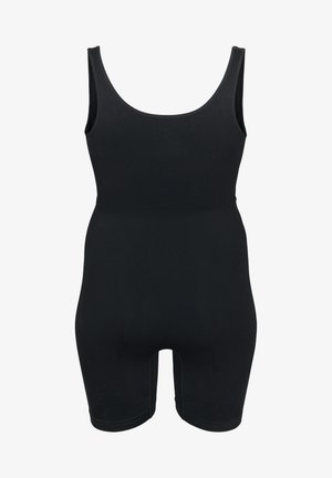 Schwarzer Body mit runder Ausschnitt, ärmellosem Design und mittlerer Oberschenkelbedeckung. Hergestellt aus glattem, dehnbarem Stoff, der eine figurschmeichelnde Passform bietet.