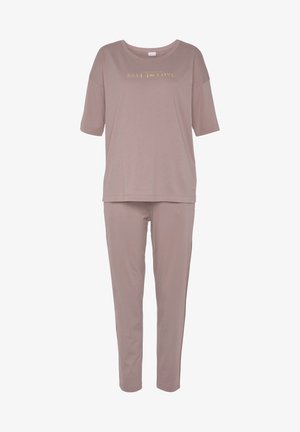 Soft, mauve loungewear set featuring a short-sleeve top with "FALL IN LOVE" text and matching elastic waist pants. Smooth, stretchy fabric.
