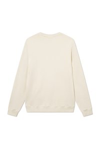 Krémový sweatshirt s dlouhým rukávem a kulatým výstřihem, s žebrovanými manžetami a spodním lemem. Hladká textura s minimem švů, bez viditelného brandingu nebo vzorů.