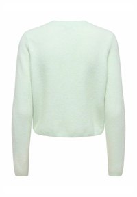 Mentolově zelený zkrácený svetr vyrobený z měkkého pleteného materiálu s dlouhými rukávy a kulatým výstřihem, s hladkou texturou bez ozdob.