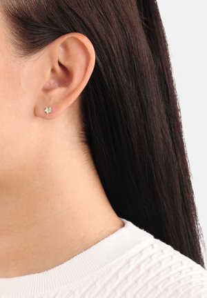 Orecchino in argento a forma di piccolo fiore con una pietra preziosa scintillante al centro, indossato all'orecchio di un modello, capelli dietro l'orecchio.